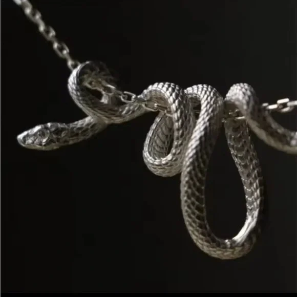 Silver Coiled Hanging Serpent Snake Pendant Gothic Biker Punk Necklace - Picture 6 of 7